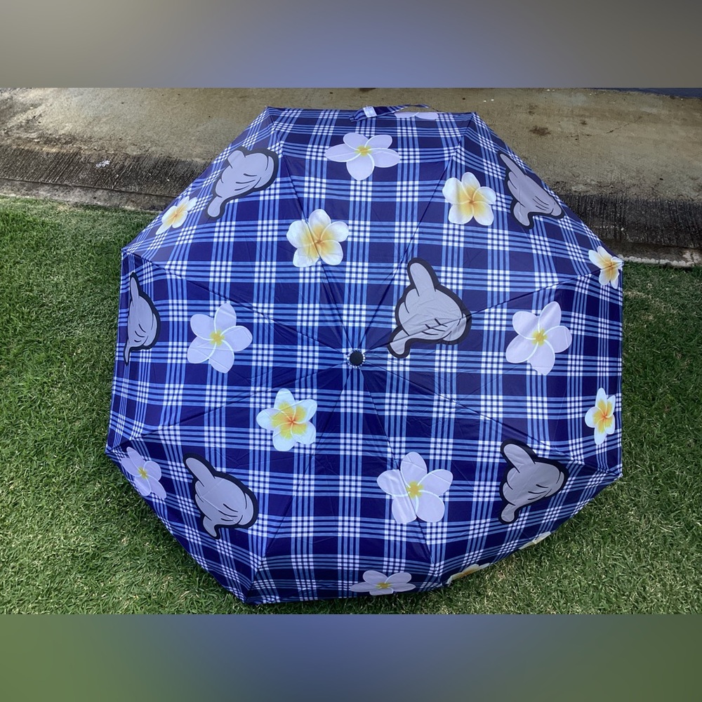 Umbrella Palaka print with Shaka sign and flowers - Picture 4 of 6